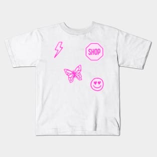 pink set butterfly lightning bolt smiley face shop sign preppy aesthetic pattern Kids T-Shirt